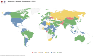 Map showing the global prevalence of hepatitis C in 2024.